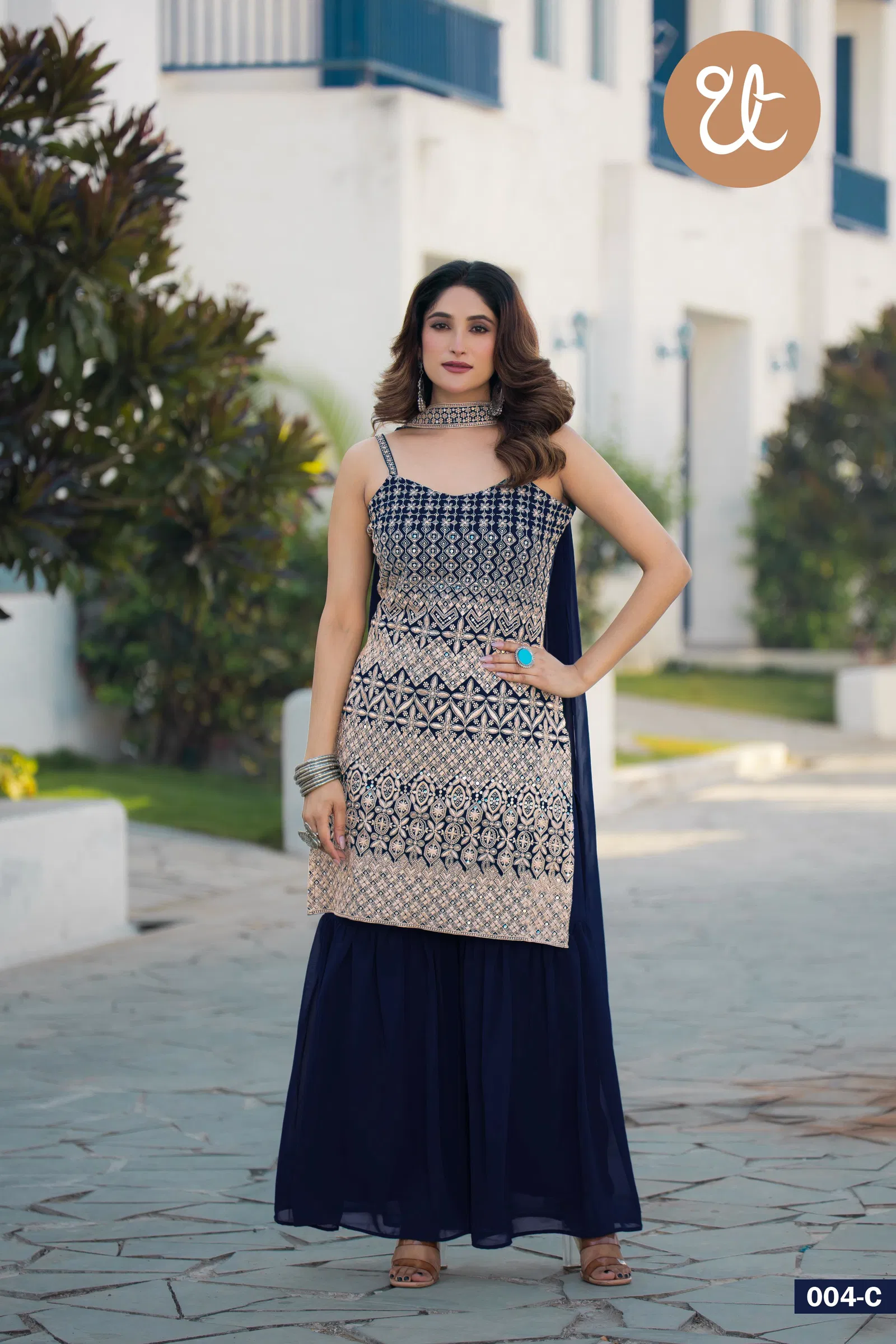 Tt 004 A to D Chinon Embroidery Readymade Suits Suppliers In India